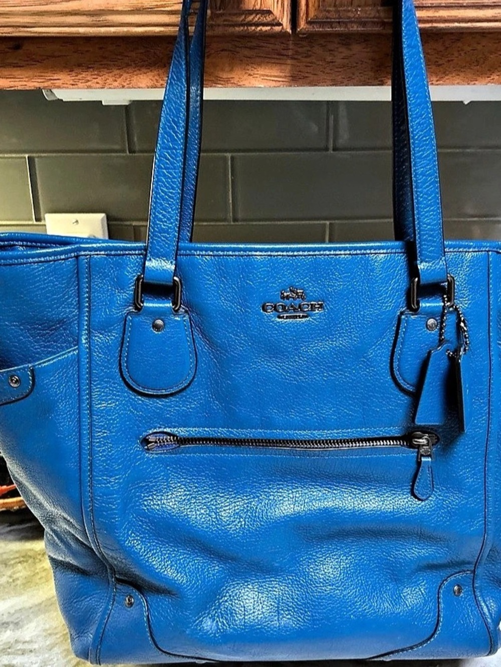 Coach Blue Large Mickie Grain Leather Tote Blue Work Tote Laptop Briefcase Women